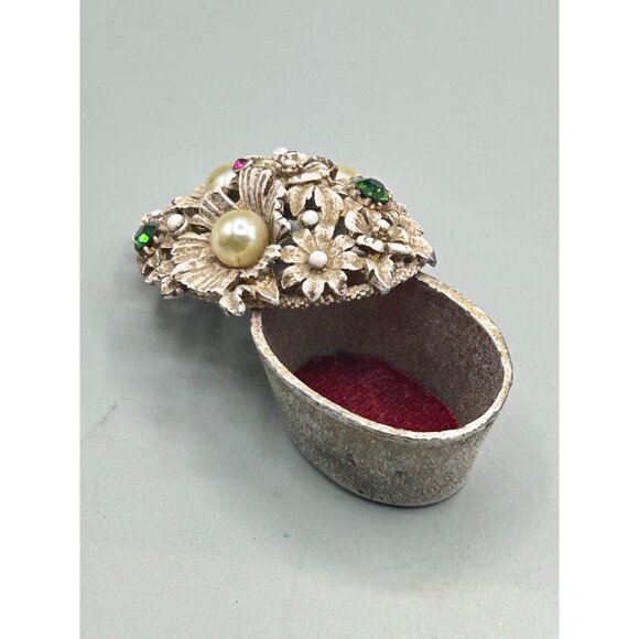 Vintage Florenza Small Enameled Trinket Box Basket of Flowers Rhinestones Pearls - Picture 6 of 14